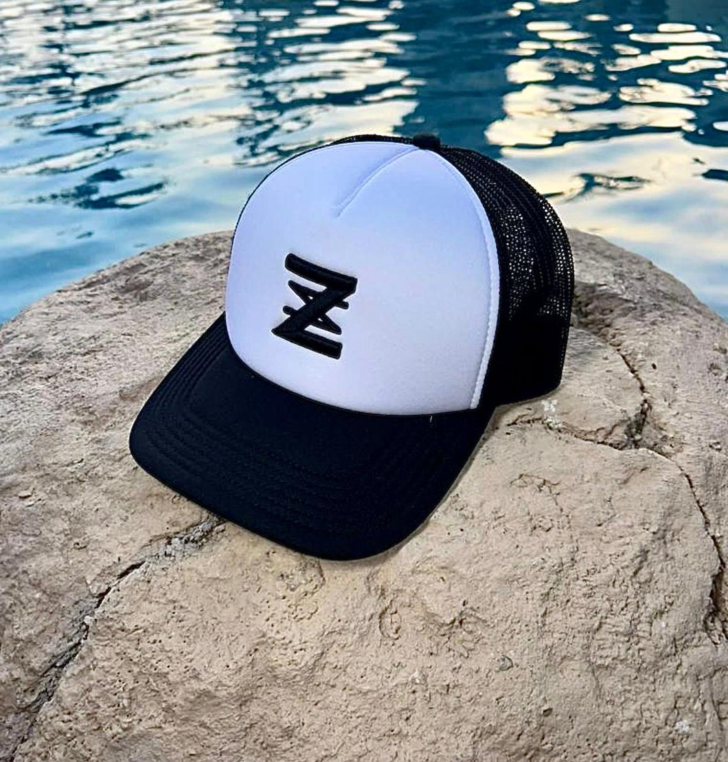 Black & White padded trucker cap.