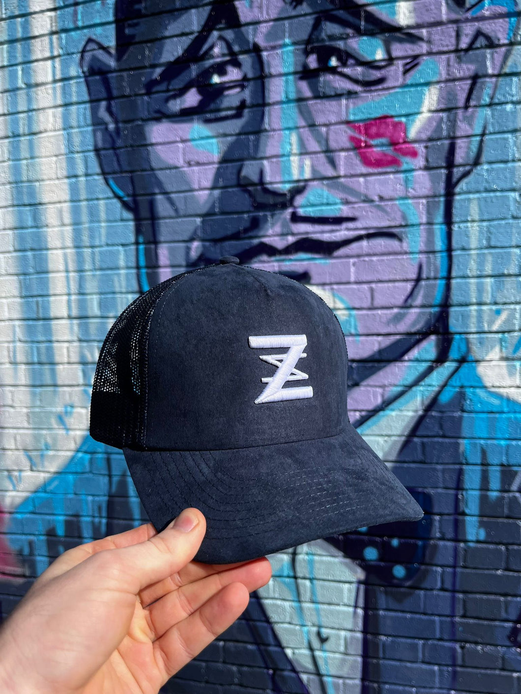 Navy suede logo cap.